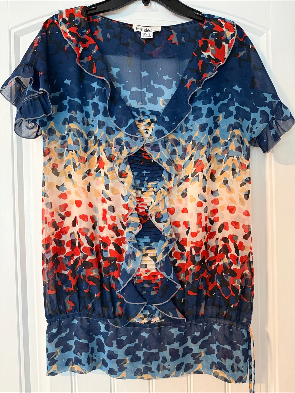 Kensie Multicolor Ruffle Front Blue Red Cream Print Blouse